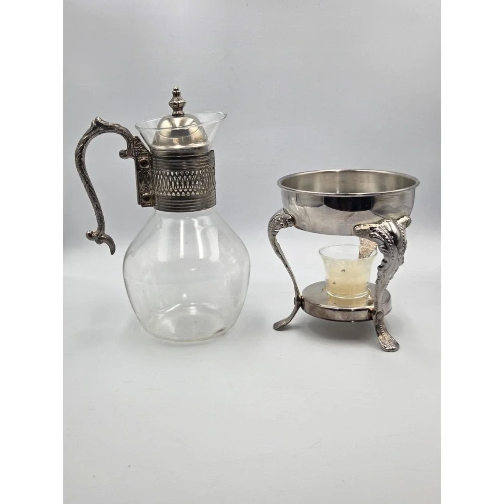 Vintage  Silver Plated Glass Coffee Pot Carafe W / Warming Stand 14.5